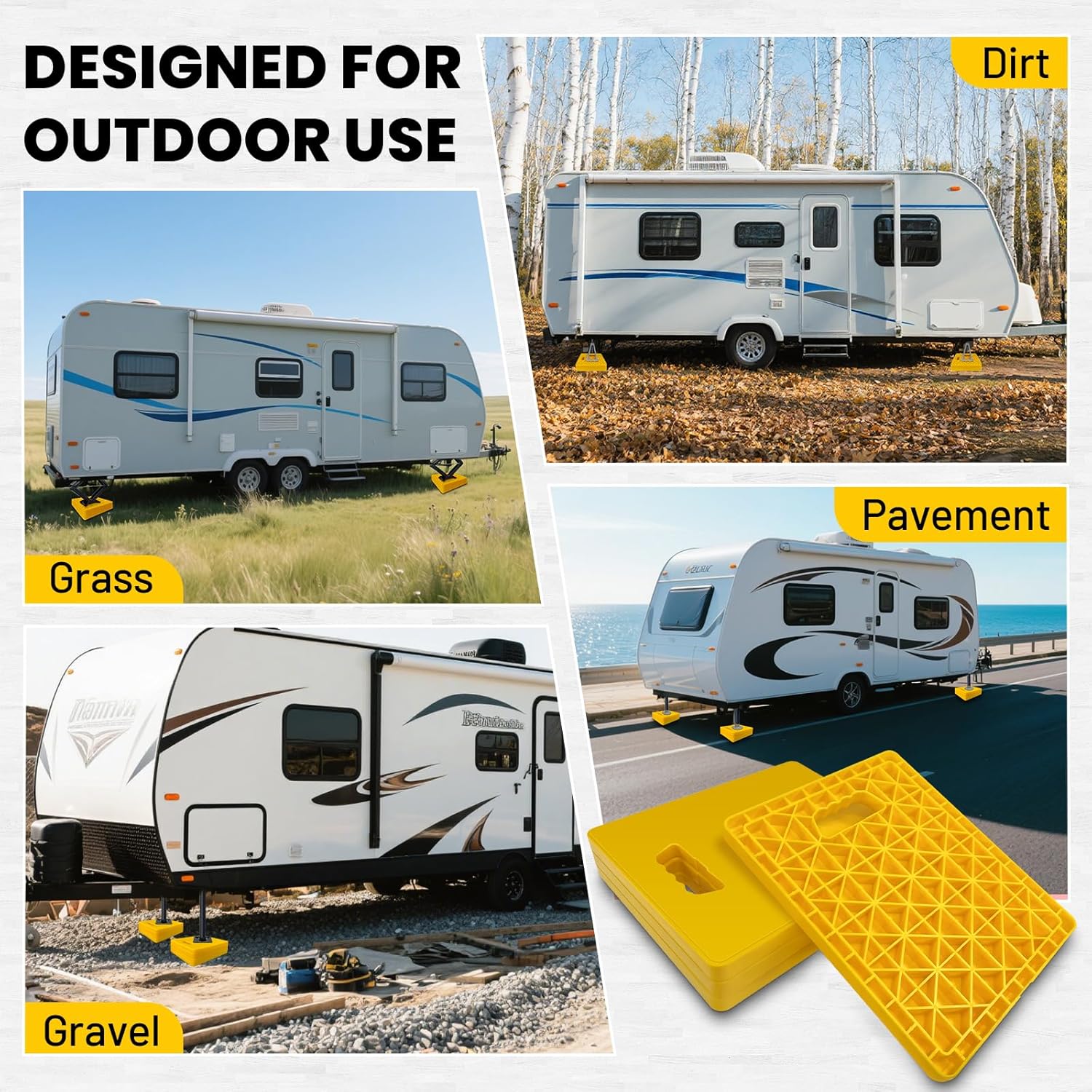 ROBLOCK Large RV Jack Stabilizer Pads,Sinking Resistant Stackable Camper Stabilizer Pads with Easy-Grip Handle and Handy Strap, Easy Storage & Organization, Yellow 4 Pack 14" x 12"