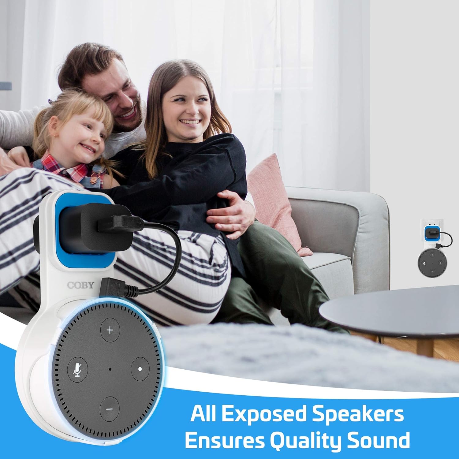 Coby Wall Mount for Echo Dot 2nd Generation, Smart Speaker Holder with Built-in Cable Management, 7.75" USB Charging Cable, Space-Saving Alexa Mount for Kitchen, Bedroom, Office, Bathroom