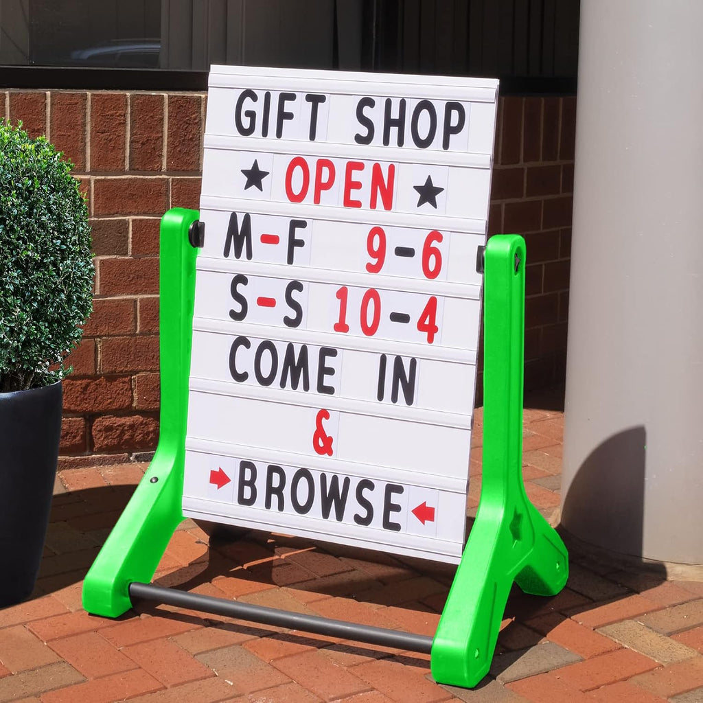 Swinging Changeable Message Sidewalk Sign: 24" x 36" Sign with 792 Pre-Cut Double Sided Letters and Storage Box. Includes Black Board & Letter Board (Green Color Legs)