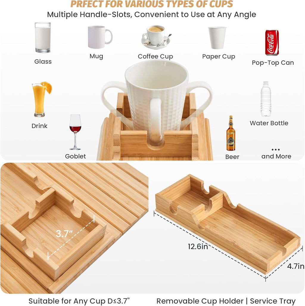 GEHE Detachable Couch Cup Holder, Anti Falling Sofa Arm Tray, Natural Bamboo Sofa Cup Holder More Safe for You Family, Portable Couch Arm Tray Armrest Table for Remote, Snacks, Phone, Drinks