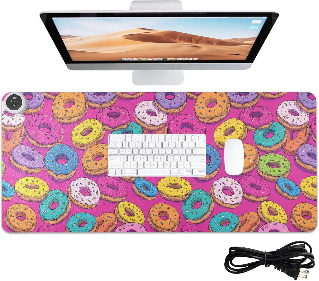 Heated Desk Pad Mouse Pad 31.5x13 Inch PU Leather Desk Mat with 3 Heat Levels Large Mouse Gaming Computer Laptop Mat Cute Donuts Colorful