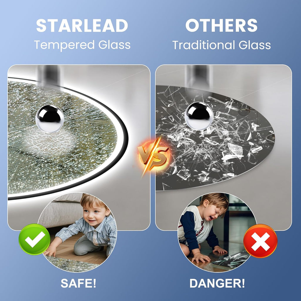 STARLEAD 32" LED-Bathroom-Mirror-with-Lights, Wall-Mounted with Bluetooth, Anti-Fog, 3 Color Temperature Dimmable Brightness, Waterproof, Tempered Glass, Frontlit & Backlit, Black Frameless Round