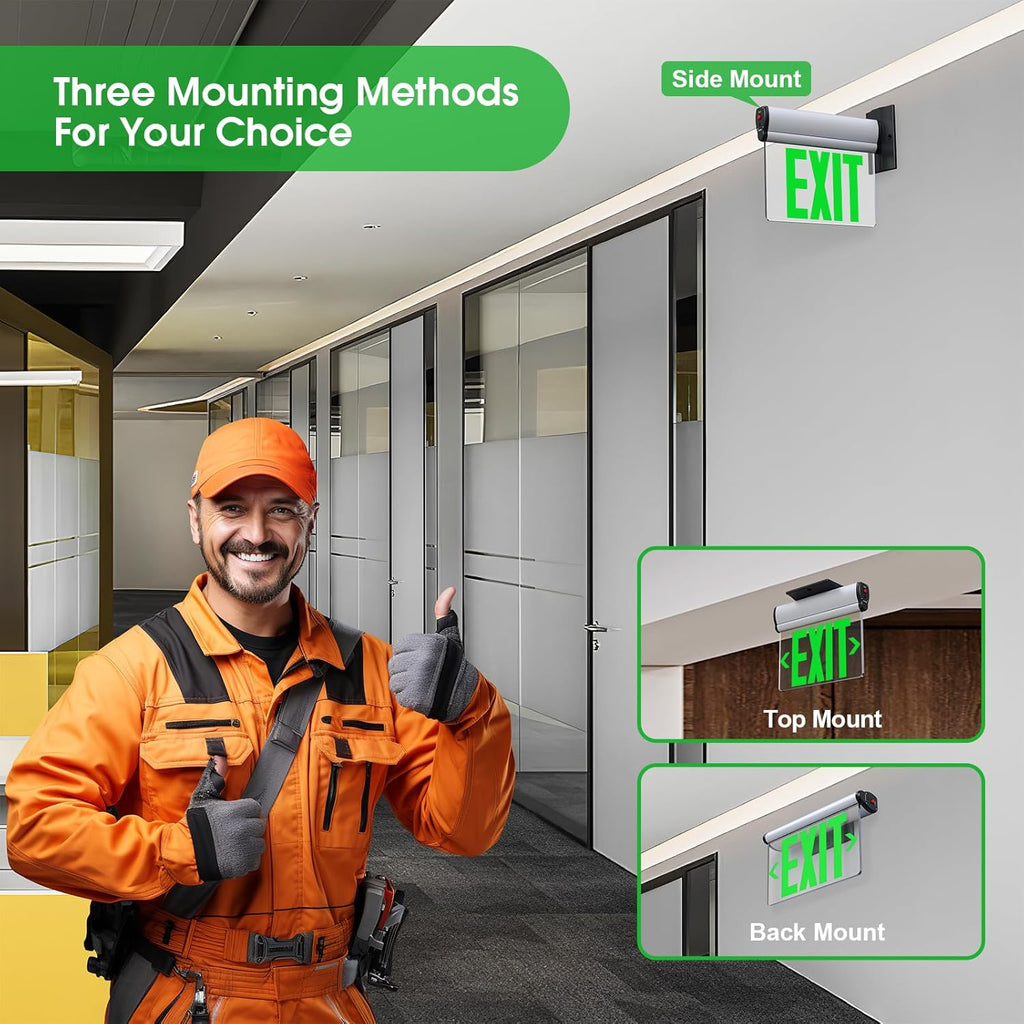 Led Edge-Lit Exit Sign ,Brushed Aluminum Housing Single-Sided Clear Rotating Acrylic Panel,Hardwired Emergency Exit Signs with Battery Backup, 120V-347VAC,Green Led Emergency Exit Light for Business , UL Listed,Top/Side/Wall Mount(1 Pack)
