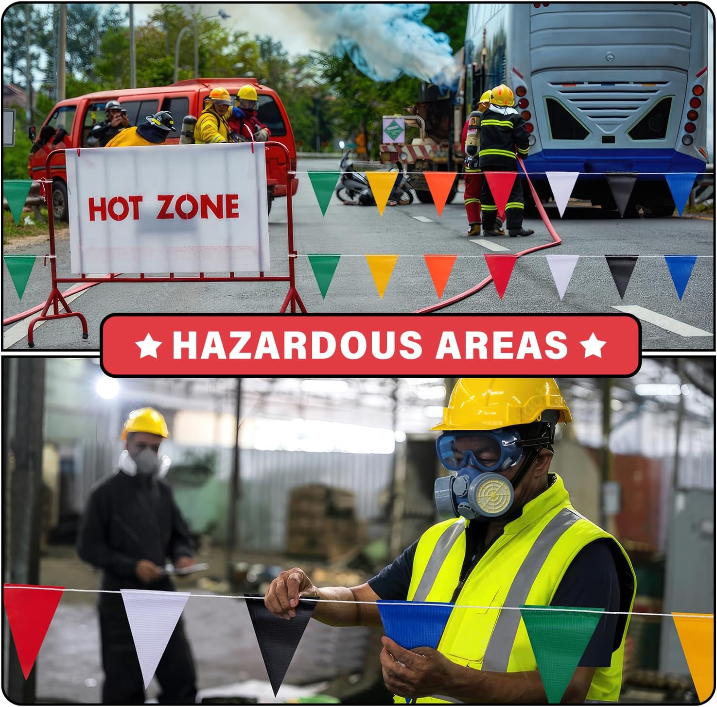 105ft Pennant Banner Flags, 7"x10" Fluorescent Multicolor Safety Flagging Warning Banner for Construction Site/Traffic Control/Boundary Barrier Signs, Perimeter Marking Flags on String, 45 Pcs