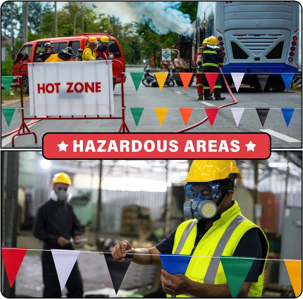 50ft Pennant Banner Flags, 7"x10" Fluorescent Multicolor Safety Flagging Warning Banner for Construction Site/Traffic Control/Boundary Barrier Signs, Perimeter Marking Flags on String, 25 Pcs