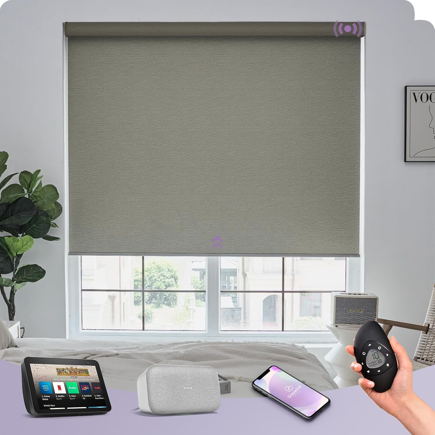 Graywind Smart Blackout Roller Shades Work with Alexa Google Textured Fabric Rechargeable Motorized Blinds Cordless Remote Control Window Shades, Custom Size (Frequency Sand)