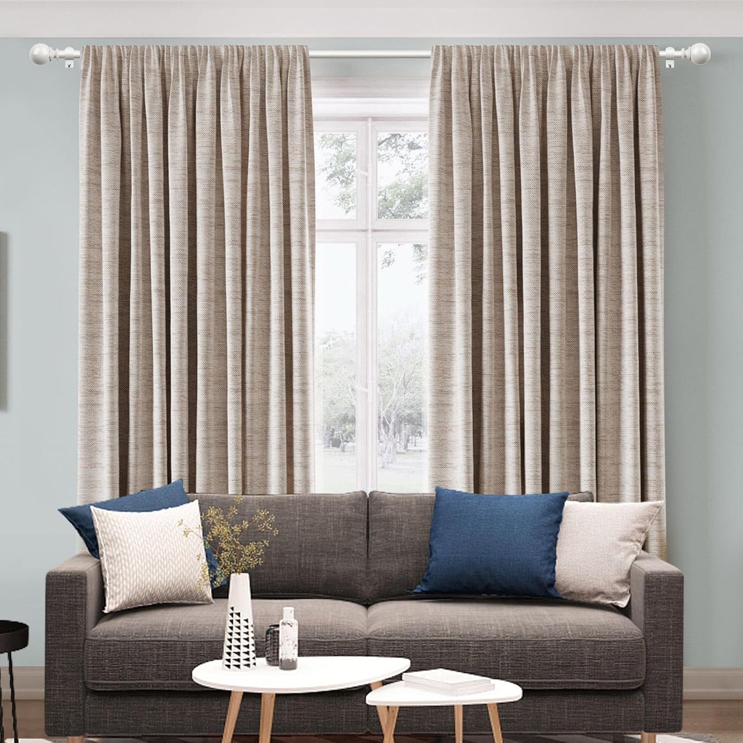 KAMANINA White Curtain Rods for Windows 48 to 84 Inch, 7/8 Inch Adjustable Curtain Rods 32 to 86 Inches (2.6-7.1ft), Single Drapery Rod Adjustable with Round Finials