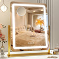 ROLOVE Vanity Mirror with Lights, 18"x22" LED Makeup Mirror with 10X Magnification, Smart Touch 3 Colors Dimmable, Light Up Mirror for Makeup Desk, 360° Rotation, Gold