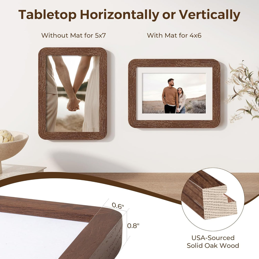 5x7 Picture Frames Set of 3, 5 by 7 Photo Frames for Wall & Tabletop Display, Solid Oak Wood Frames with Plexiglass, 5x7 Frame Matted to 4x6, Light Wood 5 x 7 Gallery Wall Frame Set, Walnut Color