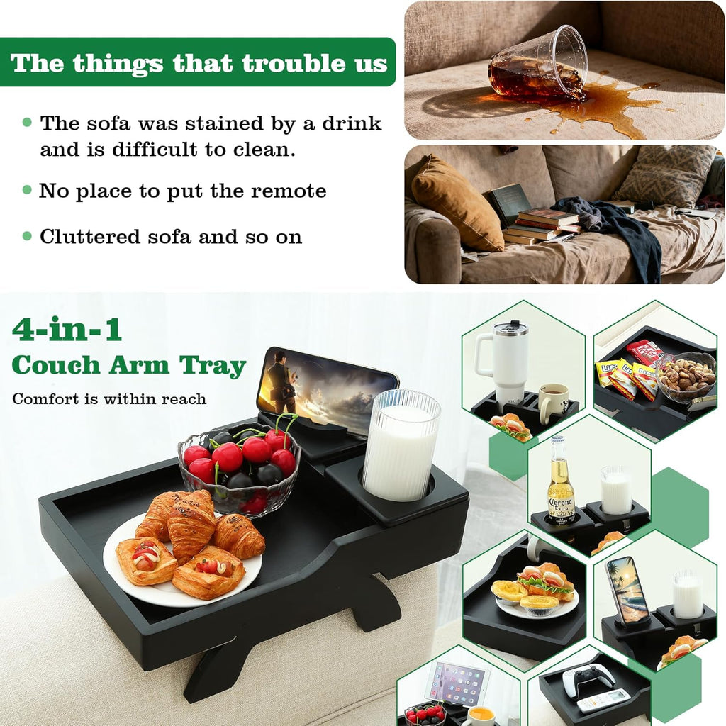 Couch Cup Holder Tray, 15.4"x9.9" Large 4 in 1 Couch Arm Tray with 360°Rotated Phone Holder, Non-Slip Clip on Side Table for Drinks/Remote/Snacks, Ideal Gift for Husband, Wife, Parents