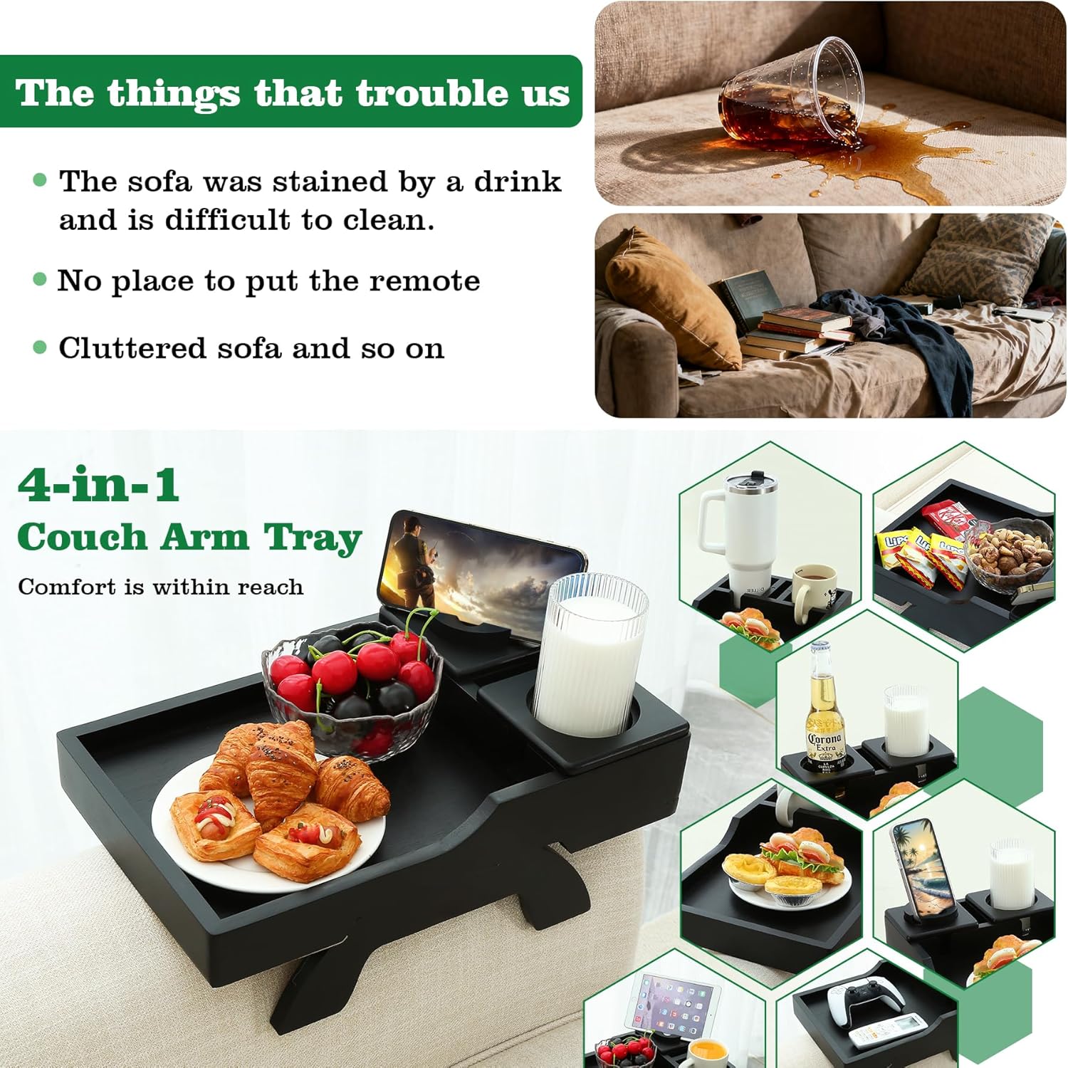 Couch Cup Holder Tray, 15.4"x9.9" Large 4 in 1 Couch Arm Tray with 360°Rotated Phone Holder, Non-Slip Clip on Side Table for Drinks/Remote/Snacks, Ideal Gift for Husband, Wife, Parents