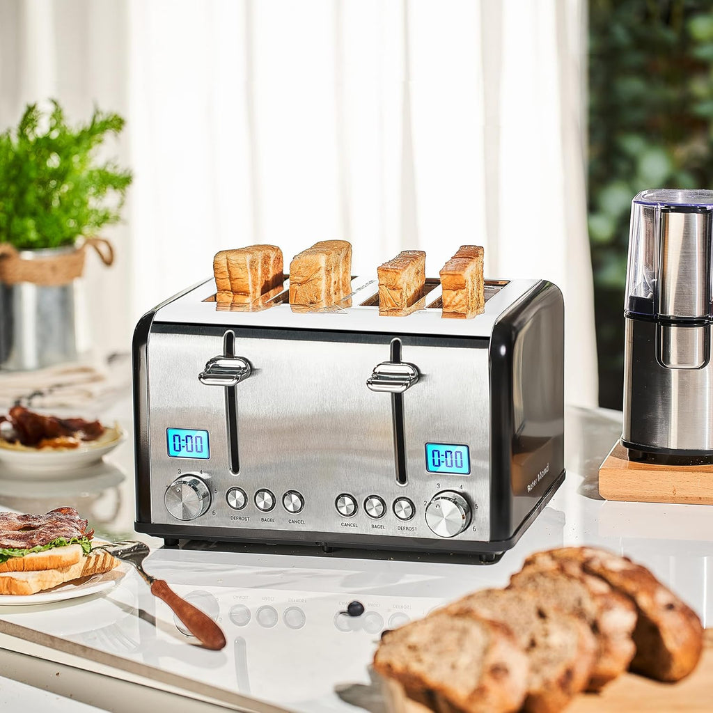 Roter Mond Countdown Stainless Steel 4 Slice Toaster with Bagel, Defrost, Cancel Function, Dual Toaster, Extra Wide Slots, 6 Shade Settings, Removable Crumb Trays, 1650W, Black