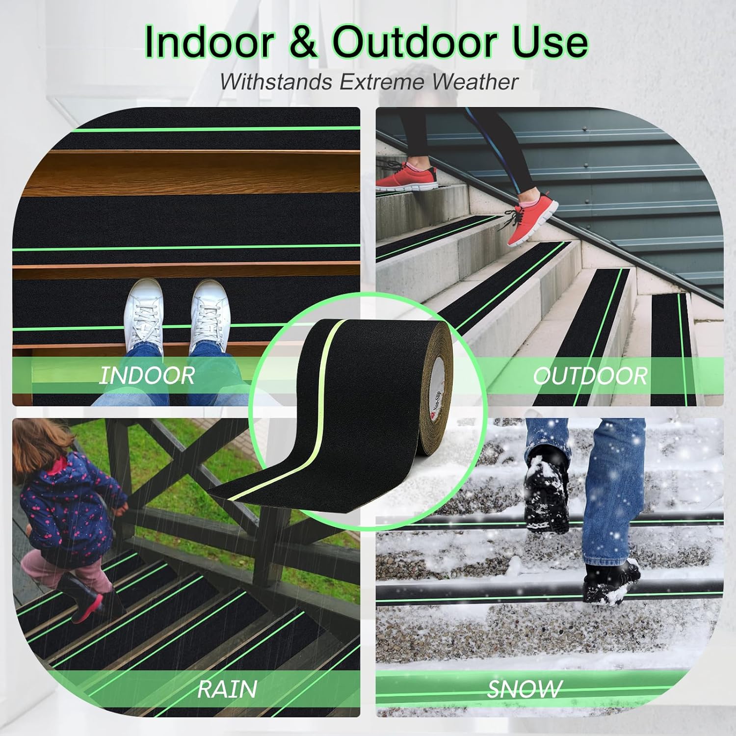 S&X Anti Slip Tape 6 Inch x 60 Ft, 2X Longer Heavy Duty Grip Tape with Glow-in-Dark Strip, Outdoor Stair Treads Non-Slip for Steps, Ramps, Boats, Decks, Non-Skid Safety, Long-Lasting