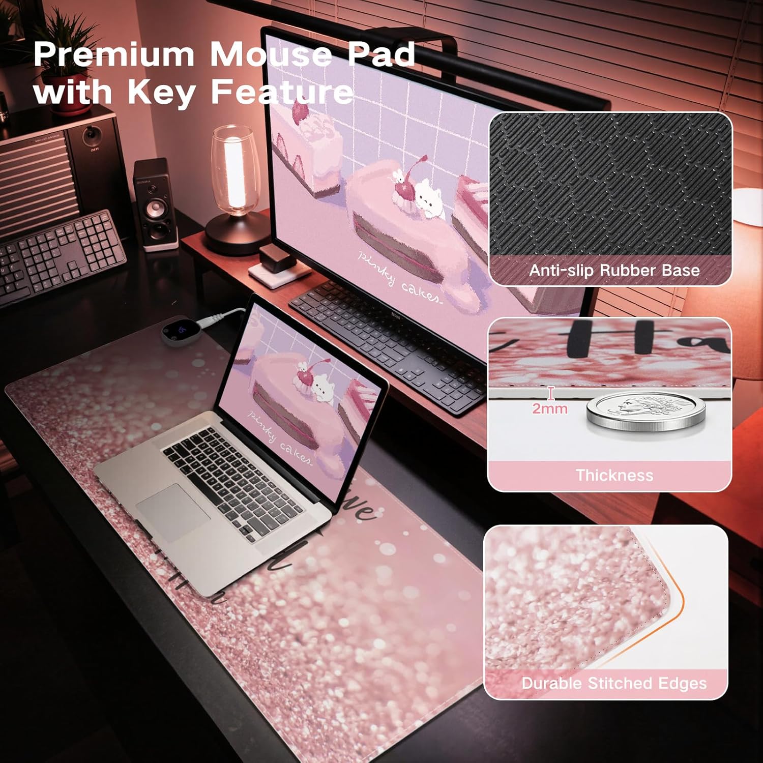 iCasso Heated Mouse Pad, Pink Mouse Pad, XL Aesthetic Heated Desk Pad with 4 Heating Levels for Computer Keyboard, 31.5" x 13" Large Mousepad for Home Office Work (Pink Stay Positive)