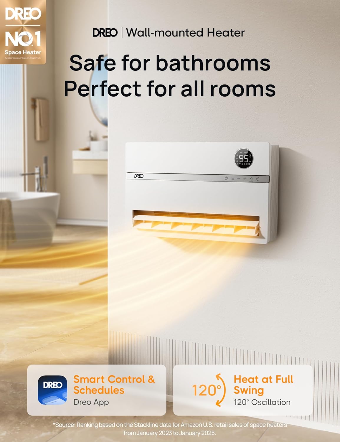 Dreo Wall Heater for Bathroom, Smart Space Heaters with ALCI Plug, 1500W, 120° Vertical Oscillation, Adjustable Thermostat, 24H Timer, Easy Installation Electric Heater for Indoor use, Bedroom, Office