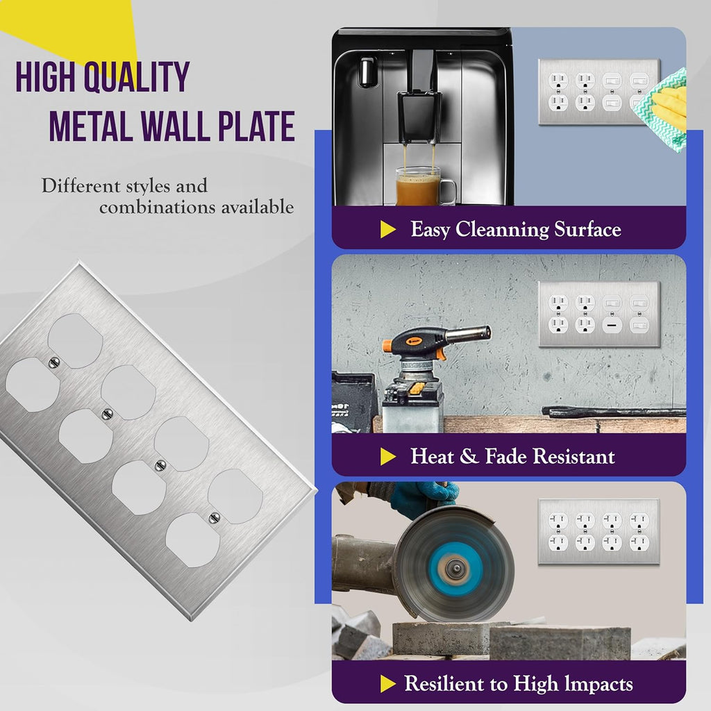 ENERLITES Duplex Receptacle Stainless Steel Wall Plate, Metal Corrosive Resistant Cover for Electrical Socket Receptacles, 4-Gang 4.50" x 8.19", 7724, 430 Stainless Steel, UL Listed, Silver