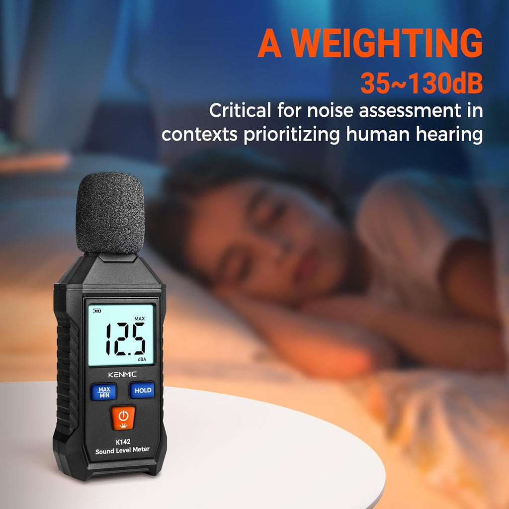 Decibel Meter, Portable Sound Level Meter with Backlit LCD (35-130dB(A) Range), Digital SPL Meter with MAX/MIN Data Hold, Noise Tester for Neighbors, Office, Workshop, and Classroom
