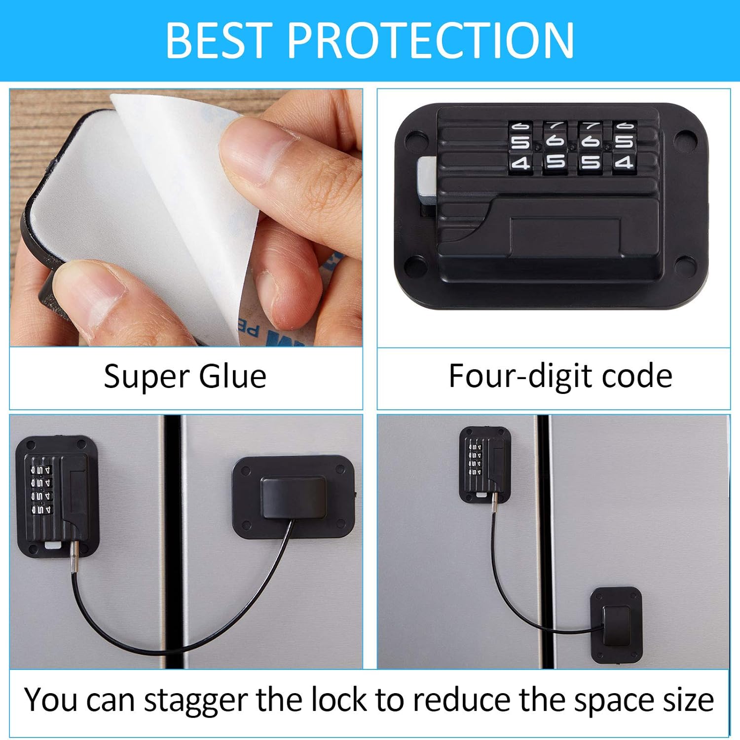 Jetec 2 Pieces Refrigerator Lock 4 Number Coded Freezer Lock Adhesive Fridge Door Combination Safety Lockstitch for Refrigerators Freezers File Cabinets Drawer Refrigerator Door(Black)
