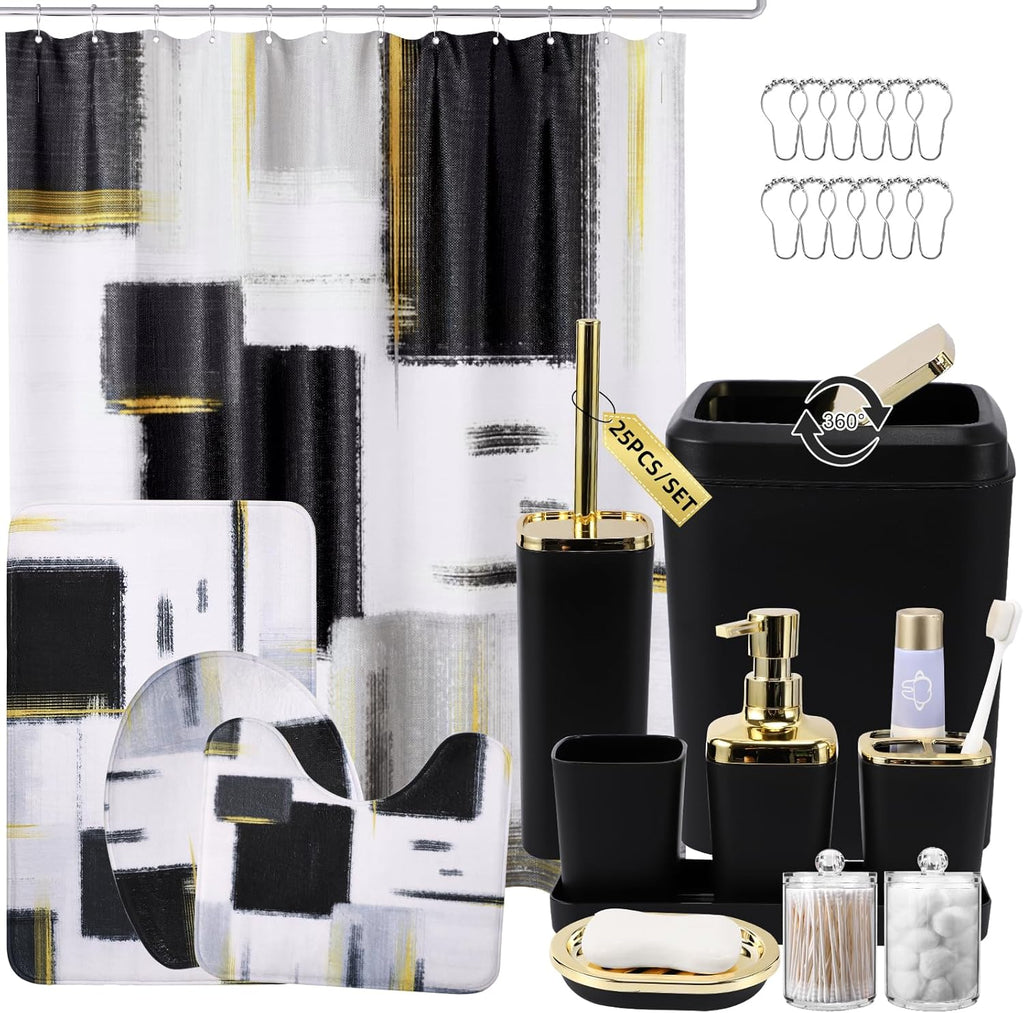 Bathroom Set - Black Bathroom Accessories Set, Bathroom Sets with Shower Curtain and Rugs, Black Shower Curtain Set with Bathroom Trash Can, Soap Dispenser, Soap Dish for Home Decor