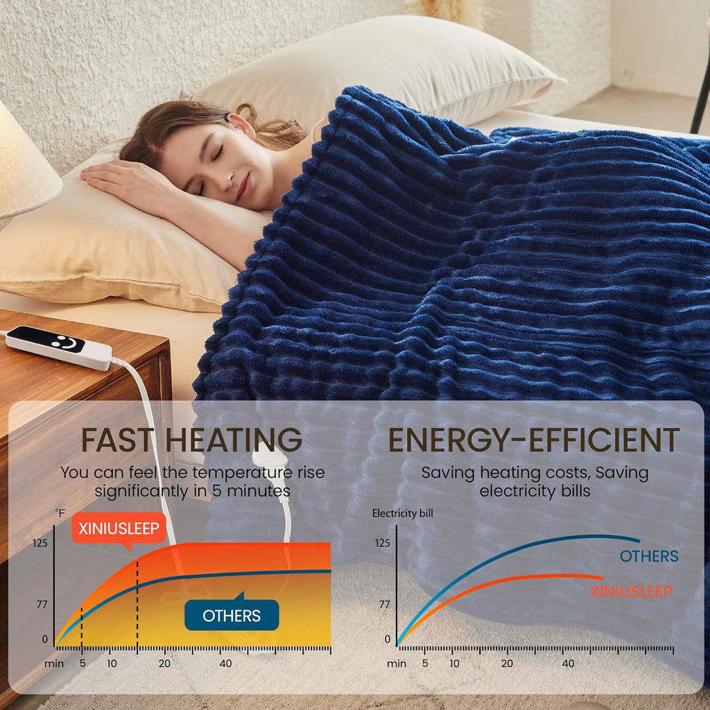 Heated Blanket Electric Blanket 50"x60", Soft Flannel Sherpa Electric Throw with 5 Heating Level & 12 Times Setting, Heated Throw with Overheating Protection, Machine Washable (Navy Blue)