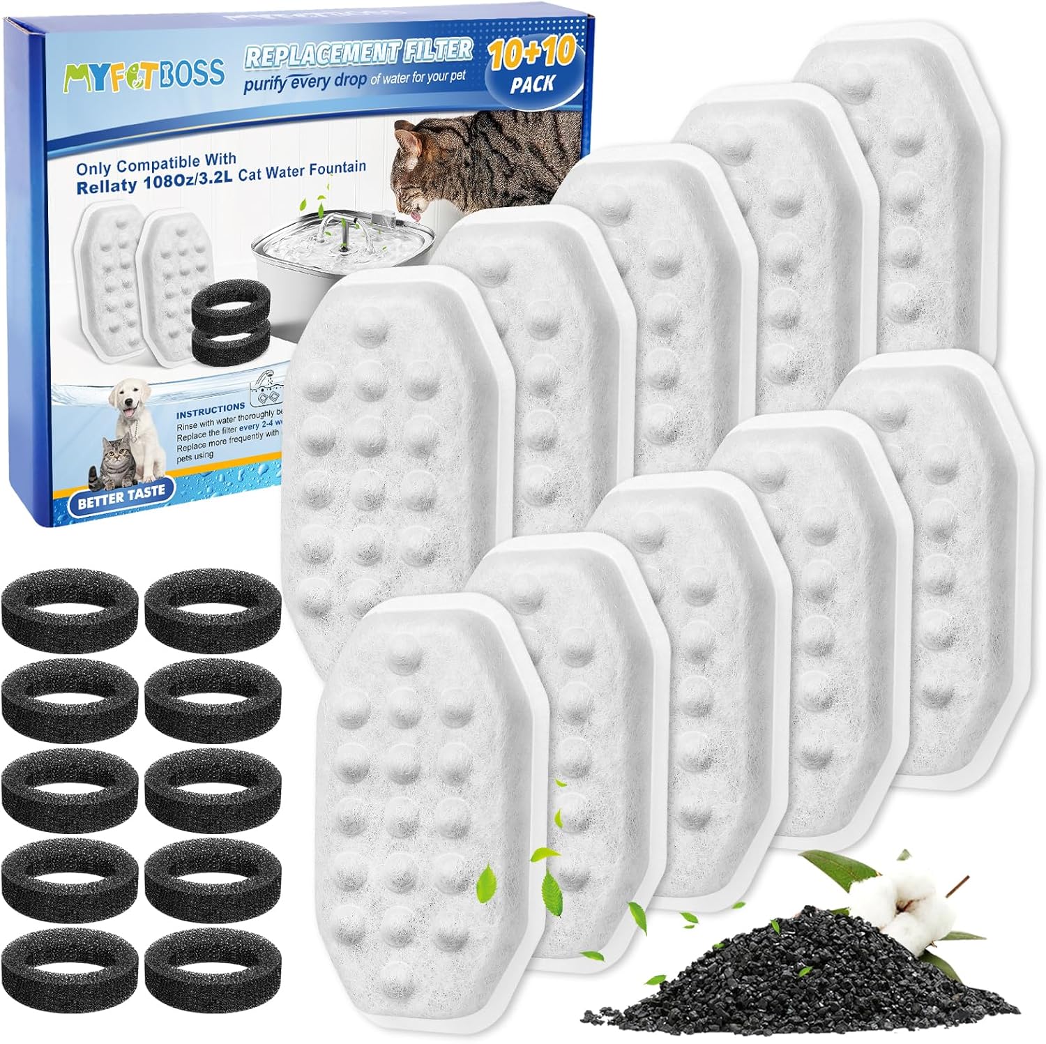 Cat Fountain Filter Replacement, Cat Water Fountain Filters Compatible with Rellaty & Fit for Neareal 3.2L/108oz Fountains, 10PCS Replacement Filters with 10PCS Sponge 10+10 Pack