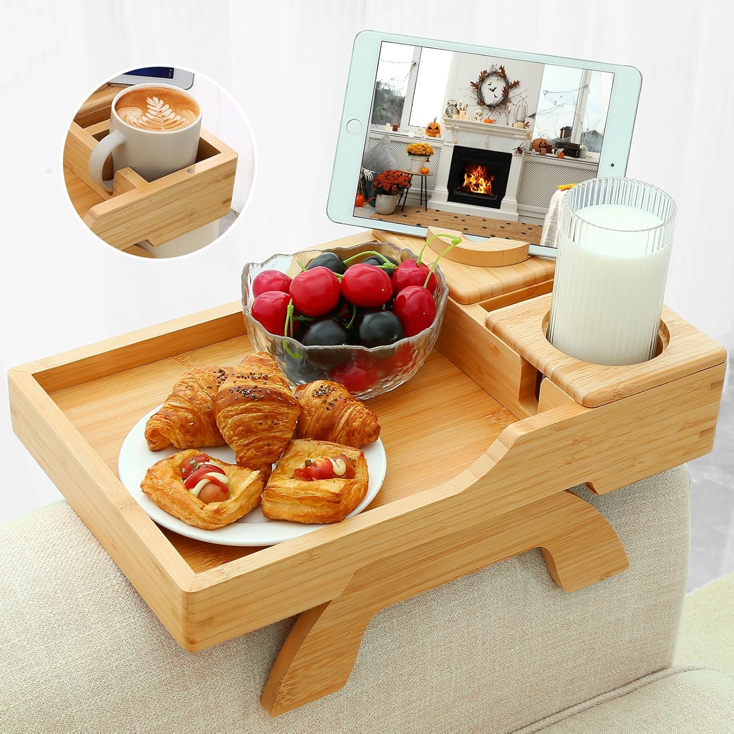 Bamboo Couch Cup Holder, 4 in 1 Couch Arm Trays with 360°Rotated Phone Holder, Non-Slip Clip on Side Table for Drinks/Remote/Snacks, Ideal Gift for Husband, Wife, Parents