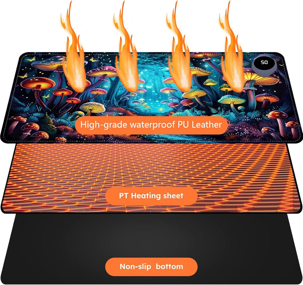 Heated Mouse Pad with 3 Levels Heated & 3 Hours Auto Shut-Off Mouse Pad for Warming Hands in Office Home, 23.6" x 14.2"Large Safe Desk Mat Hand Warmer，Forest Glowing Mushroom