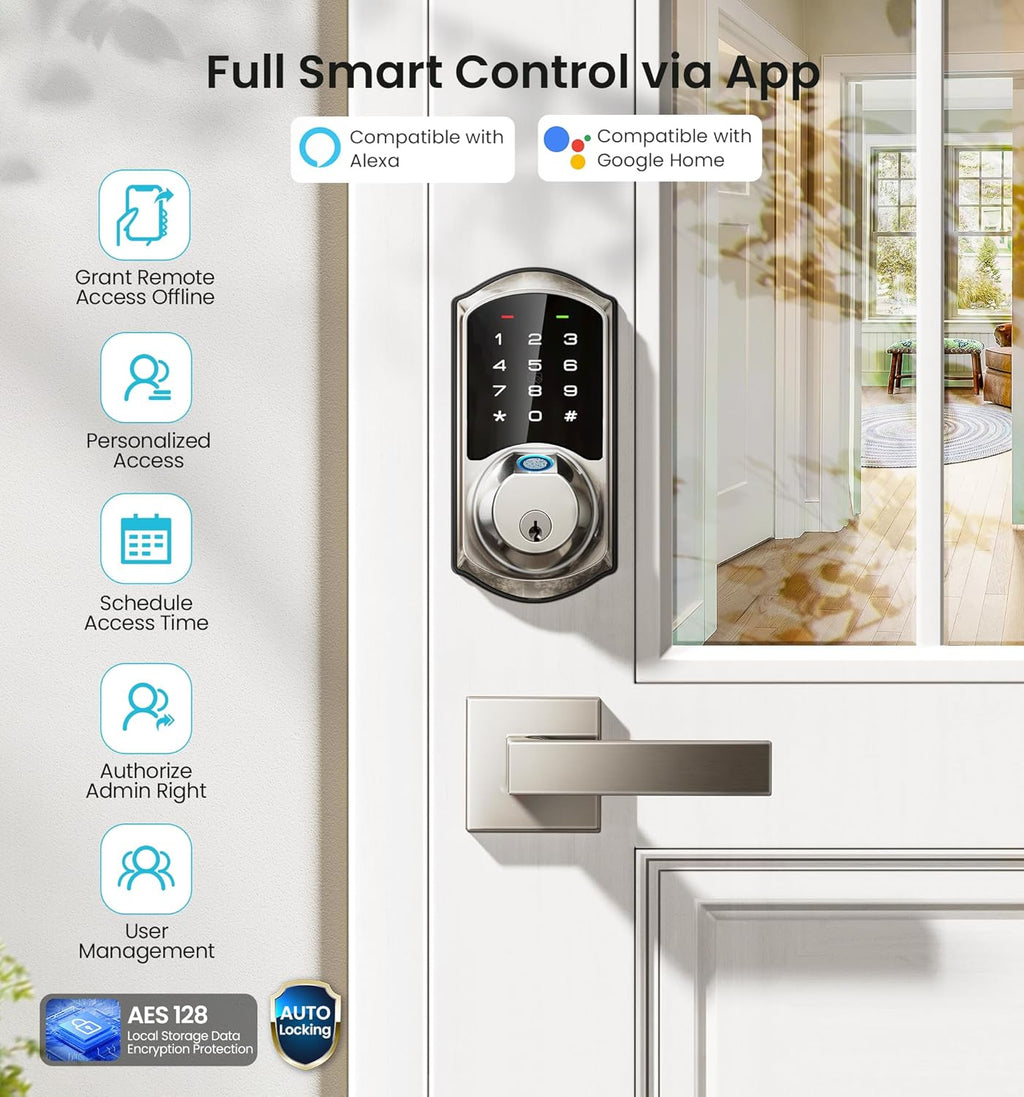Veise VE07-L Fingerprint Smart Locks for Front Door with Zinc Alloy Handle Set, App Control, Keyless Entry, Electronic Digital Keypad Deadbolt, Auto Lock, Waterproof, Easy to Install, Satin Nickel