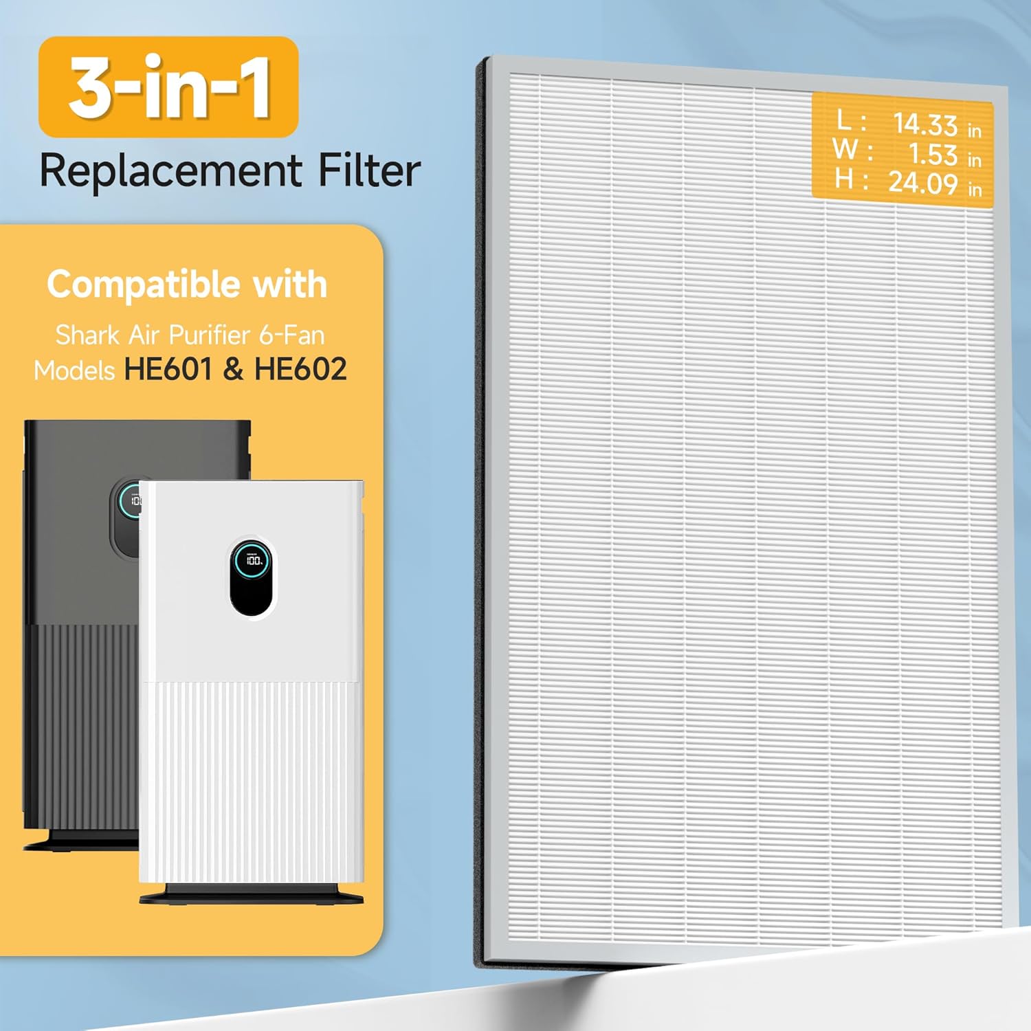 HE601 HE602 H13 True HEPA Replacement Filter Compatible with Shark Air Purifi-er 6 Fan Models HE601 & HE602, Part # he6fkpet True HEPA for Shark HE601 Air Purifi-er Filter Replacement, 1 Pack