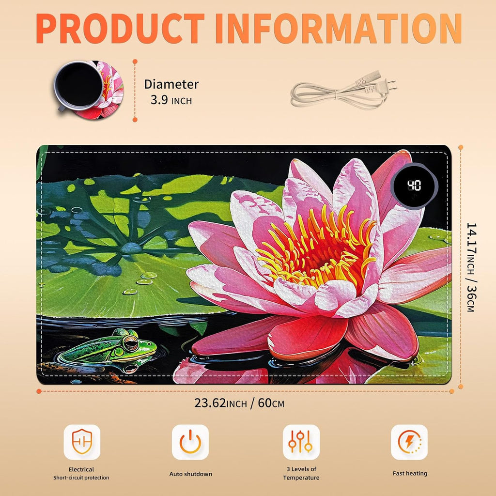 Heated Mouse Pad, Warm Desk Pad, Keyboard Mat 23.6 x 14 Inch Large Size Intelligent Fast Heating, 3 Speed Adjustable, Timed Auto Power Off for Game Office Home, Lotus Flower