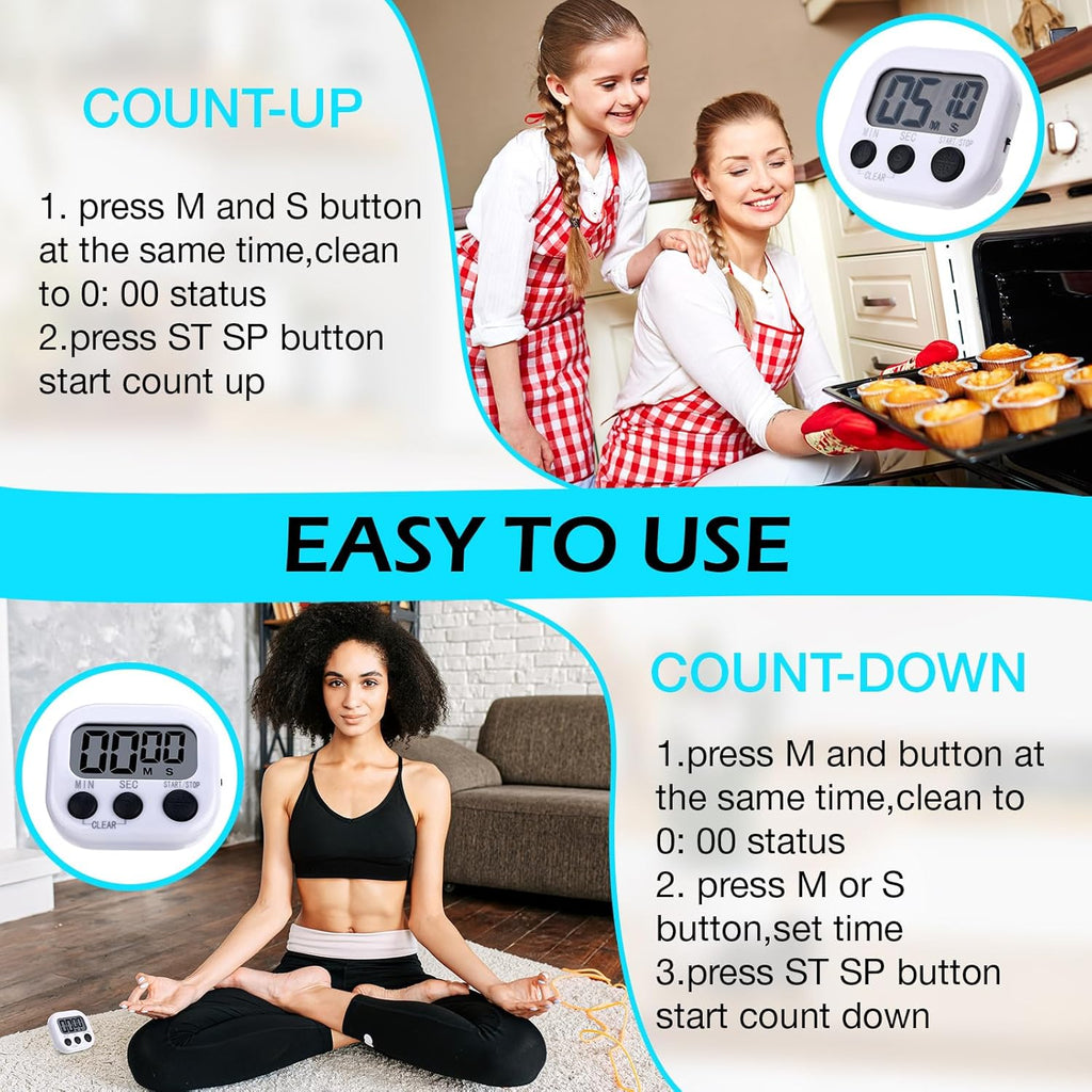 Leumoi 24 Pcs Digital Kitchen Timers Magnetic Back Timers Bulk Large Screen Loud Alarm On/Off Switch Minute Second Count up Countdown Memory Setting for Cooking Classroom Exercise (White and Black)