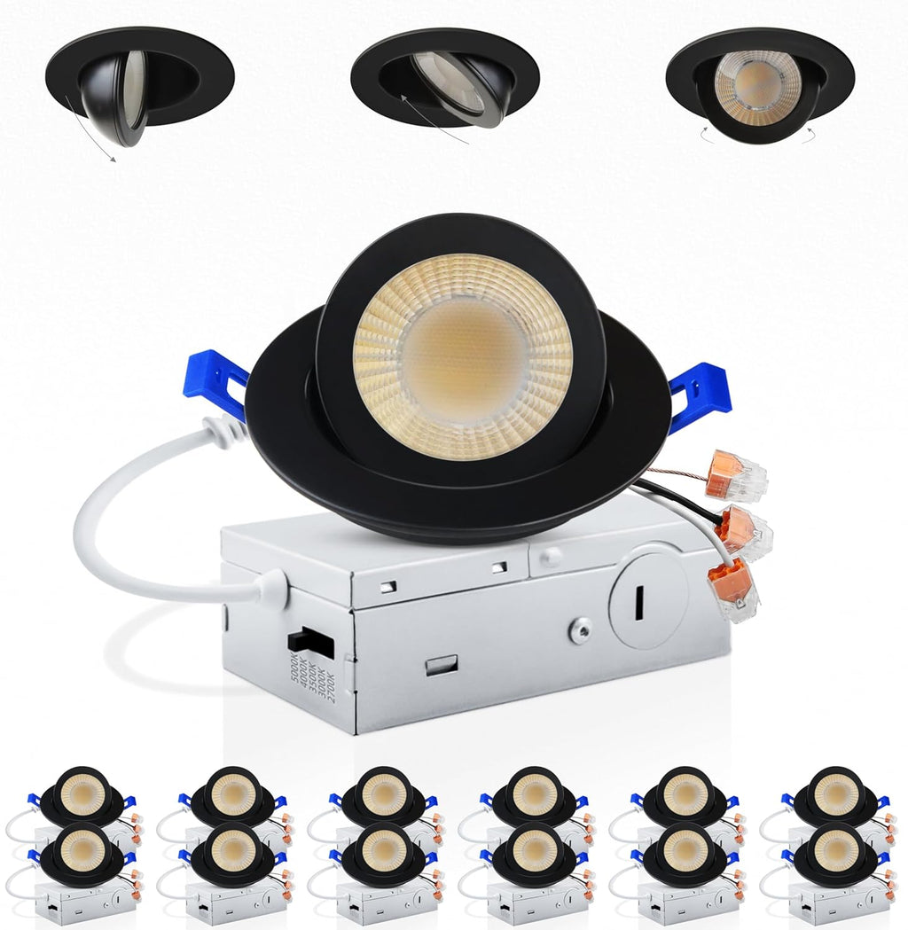 Adetu 3 Inch Gimbal Balck Led Recessed Lighting, 360°+90° Adjustable Directional Led Recessed Lights, 2700K/3000K/3500K/4000K/5000K Dimmable Retrofit Eyeball Can Lights with Jbox,ETL (Black, 12 Pack)