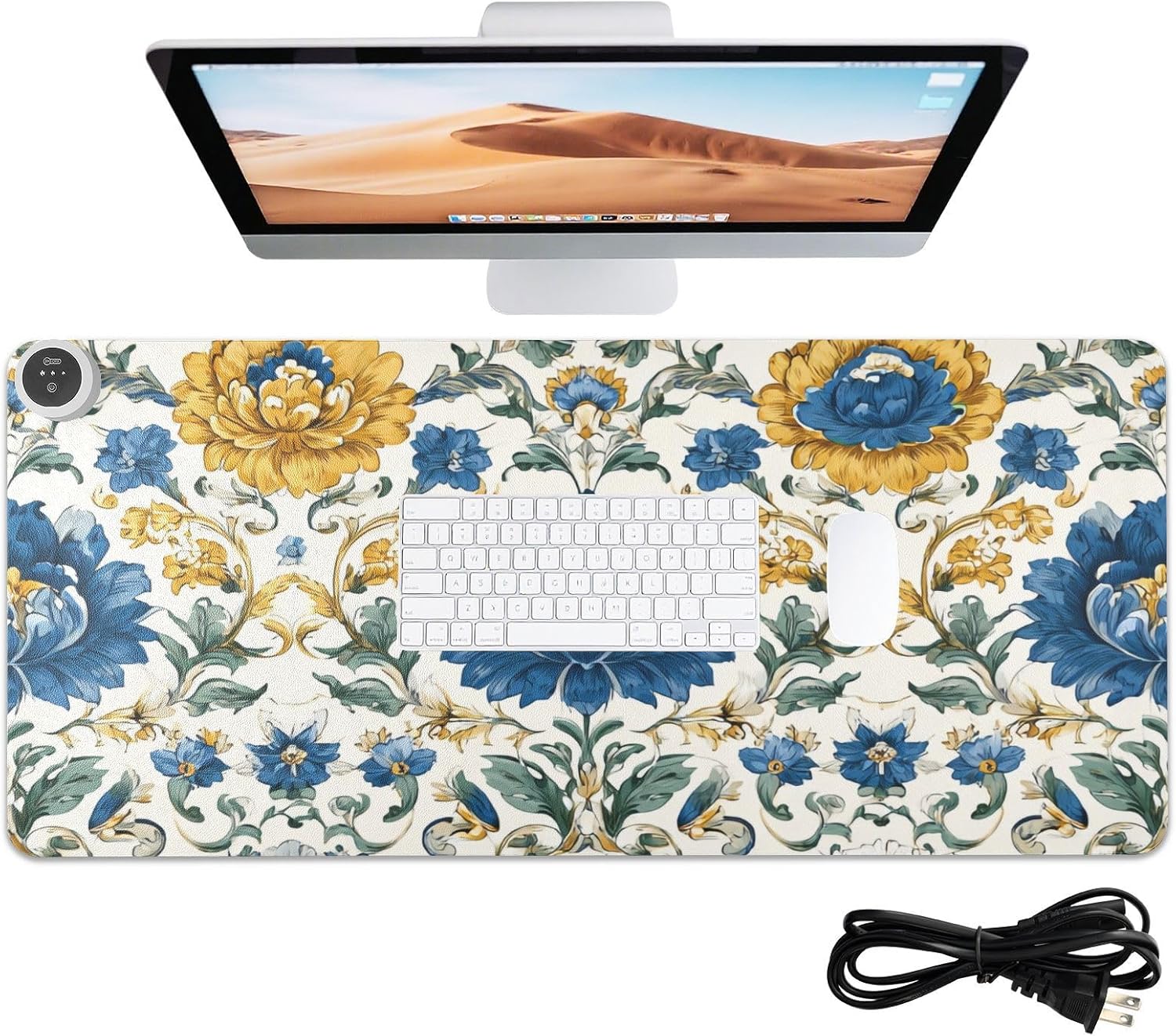 Heated Desk Pad Mouse Pad 31.5x13 Inch PU Leather Desk Mat with 3 Heat Levels Large Mouse Gaming Computer Laptop Mat Royal Floral Blue and Yellow Tile