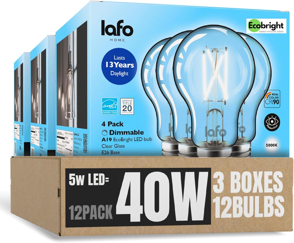 EcoBright 12PK Dimmable A19 LED Filament Bulb 40W Equivalent 5W E26 Base 450 Lumens CRI90 Flicker Free Clear Glass Energy Star Daylight 5000K for Lamps Ceiling Fixtures and Indoor Lighting