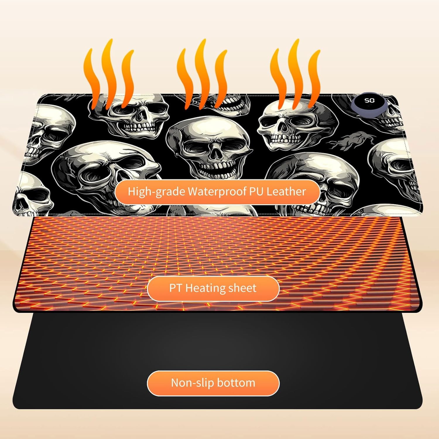 Heated Mouse Pad for Desk 31.5" x 13" – PU Leather Warm Desk Pad with 3 Heat Levels (104°F/113°F/122°F), Plug-in Electric Heating Mat with Auto Shut-Off, Waterproof & Rollable, Skull Pattern