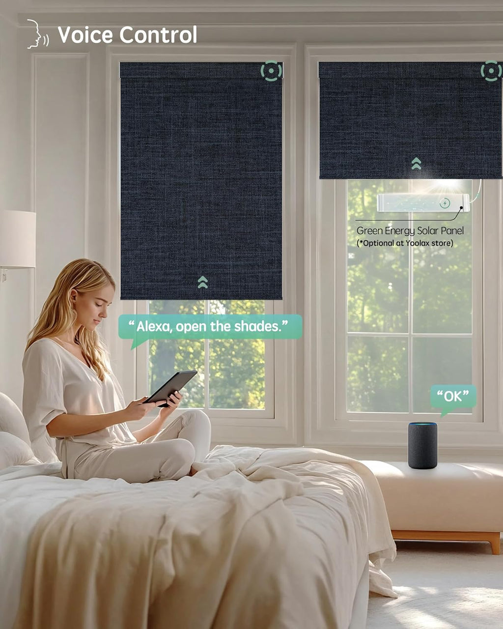 Yoolax Motorized Blinds with Remote, Blackout Smart Blinds Motorized Fabric Roller Shades Work with Alexa, Automatic Shades for Windows Custom Size (Navy Blue)