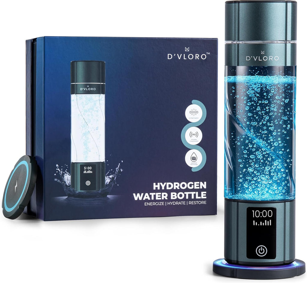 D’VLORO Hydrogen Bottle – Portable 10 OZ H₂ Infuser Hydrogen-Water-Bottle with UV Light – Electric Water Bottle 7.83Hz Tech, Wireless Charging Pad, 5-10 Min Cycles, Up to 4000+ PPB Concentration