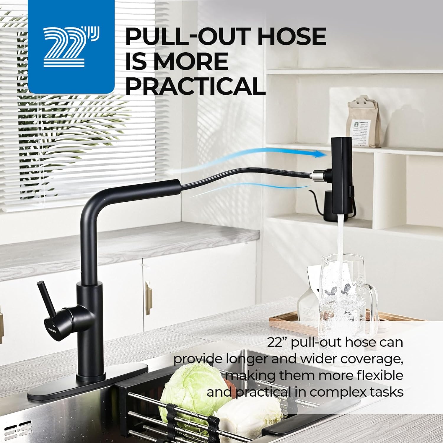 WEWE Waterfall Kitchen Faucet with Pull Down Sprayer, Black Kitchen Faucet with 3 Modes(Sweep/Stream/Waterfall) Swivel Switch Mode,Single Handle Kitchen Sink Faucet