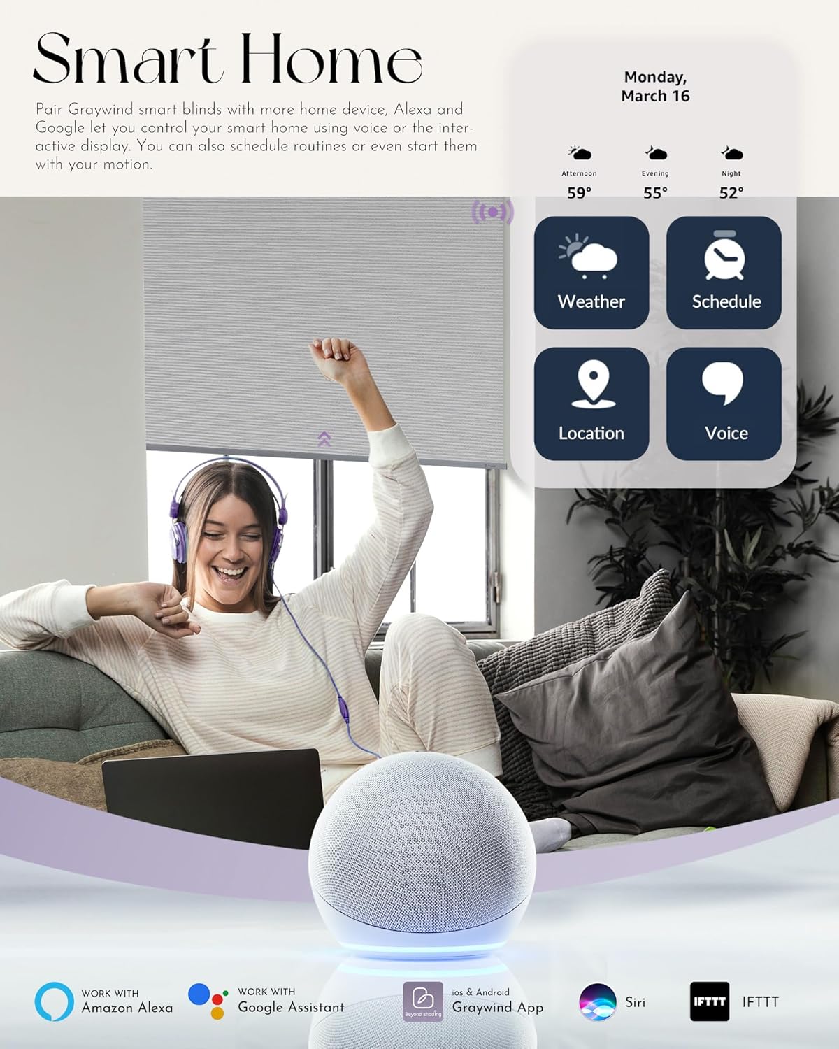 Graywind Smart Blackout Roller Shades Compatible with Alexa Google Textured Gleaming Fabric Rechargeable Motorized Blinds Cordless Remote Control Window Shades, Custom Size (Striped Light Grey)