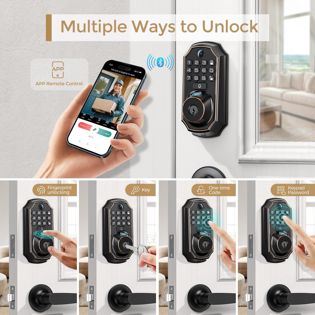 WiFi Video Smart Lock with Camera & Doorbell - 5-in-1 Keyless Entry, Fingerprint, Keypad, App Control, Two-Way Audio, Auto Lock, Waterproof, Easy Installation