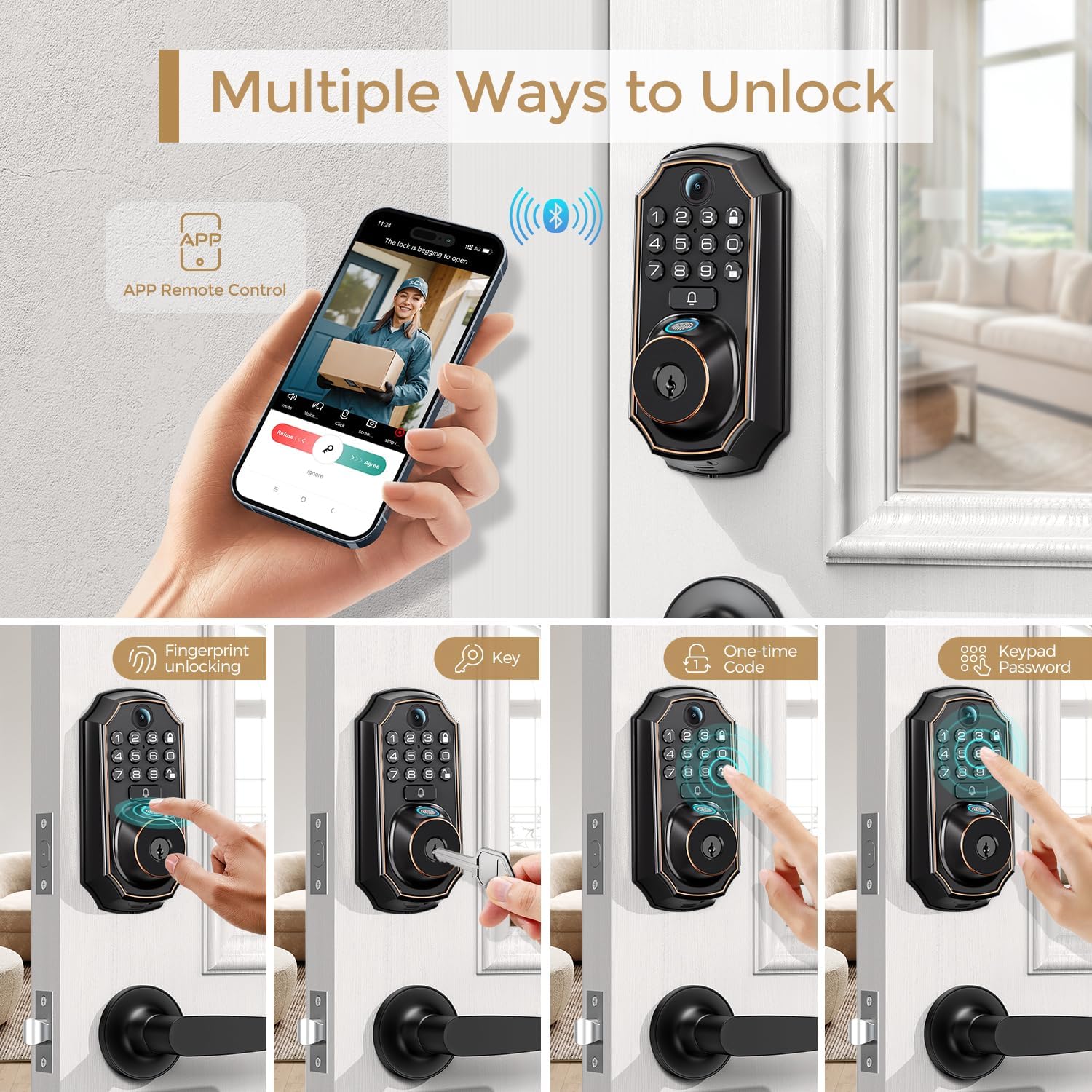 WiFi Video Smart Lock with Camera & Doorbell - 5-in-1 Keyless Entry, Fingerprint, Keypad, App Control, Two-Way Audio, Auto Lock, Waterproof, Easy Installation
