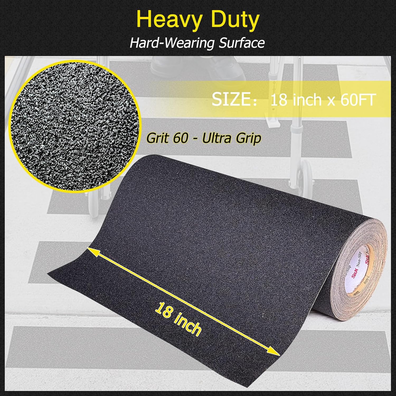 S&X Anti Slip Tape 18 Inch x 60 FT Roll, Black, Grit 60, Extended Length Non-Slip Skid Grip Tape for Outdoor Stair Treads, Wooden Steps & Exterior Grips – Waterproof, Long-Lasting Tread Strips