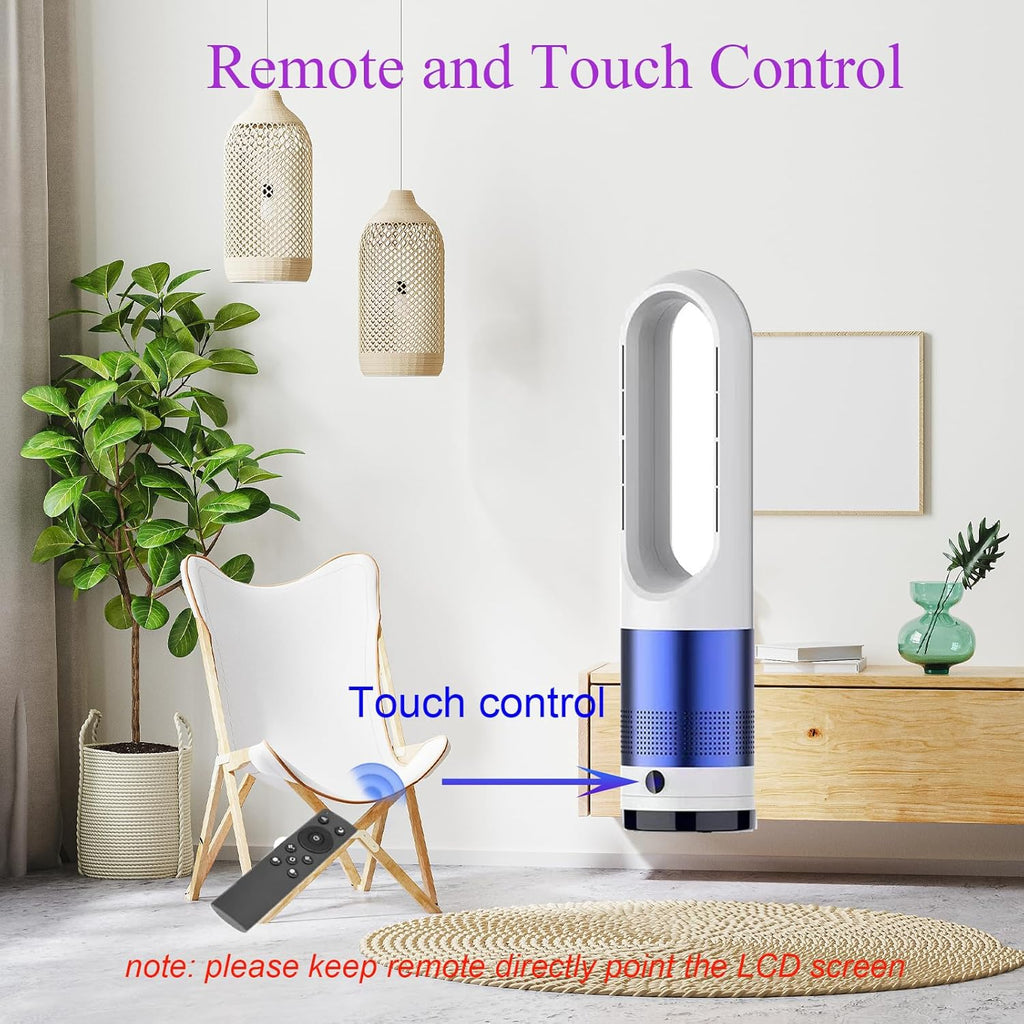 Bladeless Heater and Fan Combo, 1400 Watt Heater Fan and 40 Watt Cold Fan, 80° Oscillating Fan, All the Season Use, Remote and Touch Control, Floor Tower fan, Office Room, Bedroom, Blue White