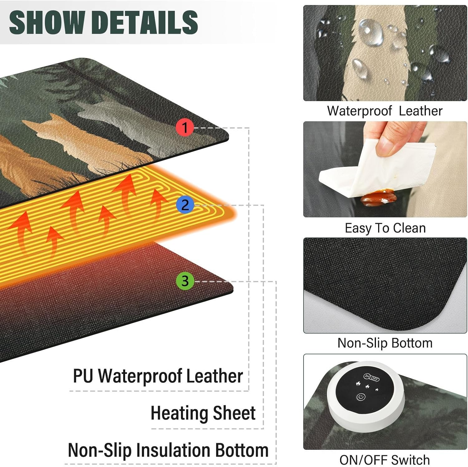 Heated Desk Pad Mouse Pad 31.5x13 Inch PU Leather Desk Mat with 3 Heat Levels Large Mouse Gaming Computer Laptop Mat Cute Wolves Back and Green Mountain