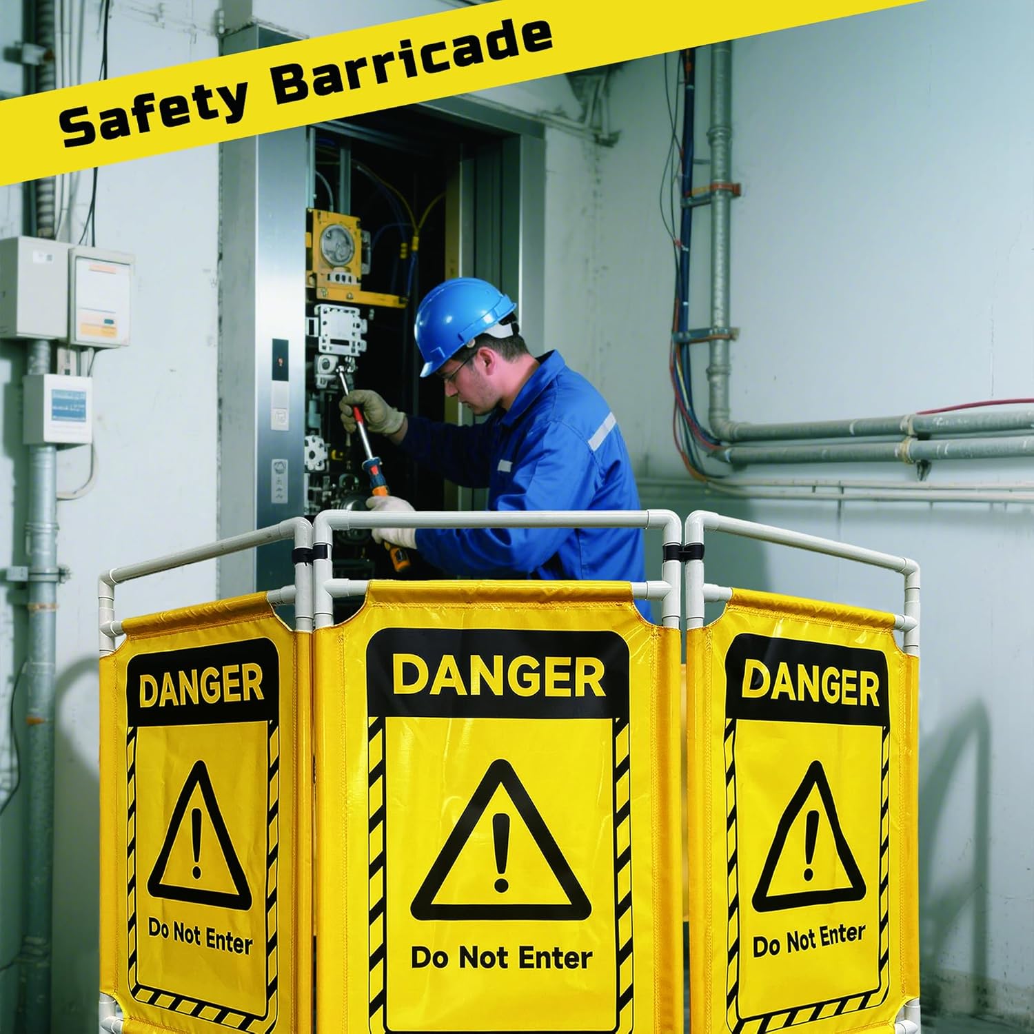 Safety Caution Barricade 3Panels Foldable Security Signs With PVC Tarp Removable Safety Barrier Wet Floor Guard Symbol Clear Printing Safety Fence(Yellow)