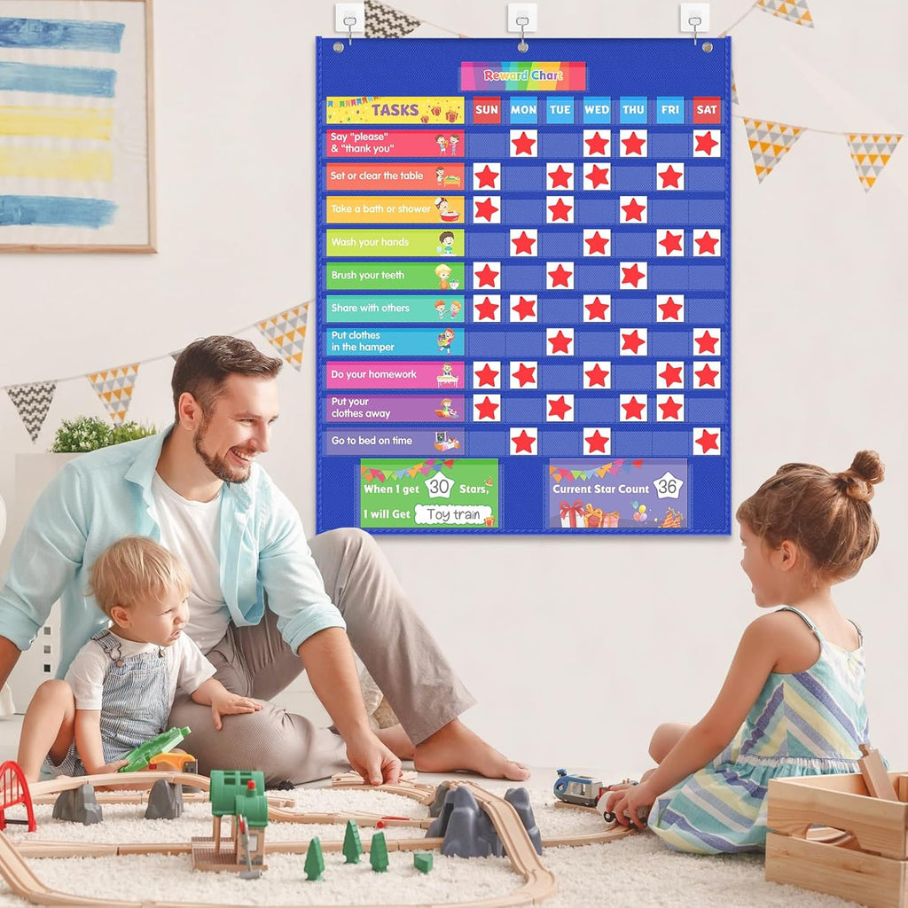 EAMAY Responsibility Pocket Chart | Toddler Routine, Kids Reward Board, Chores Chart, Visual Schedule, Autism Learning Materials for Home School, 129 Cards (32.5''x 25")