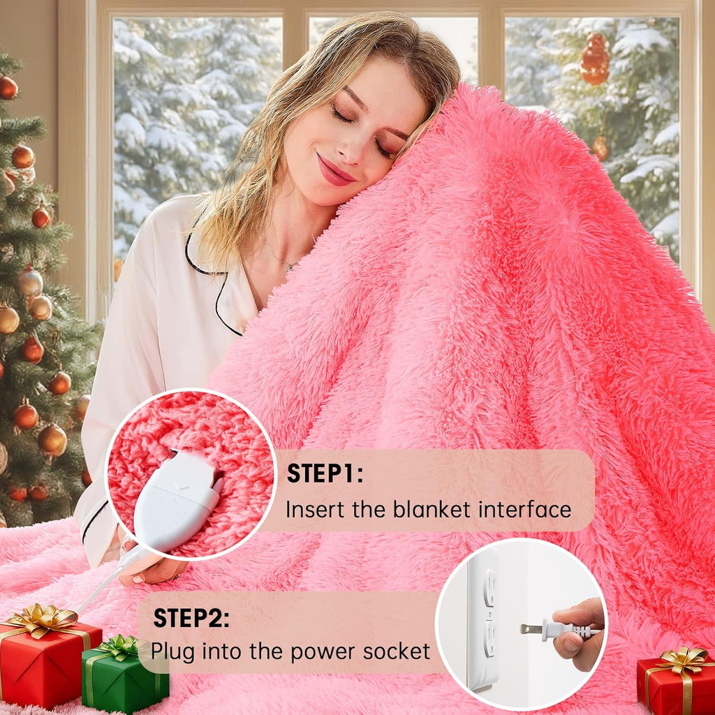 Heated Electric Blanket Heating Throw,Warm Winter Christmas Birthday Gifts for Her Women Grandma Seniors-Faux Fur Blanket with Soft Sherpa,10 Heat Settings,5 Time Settings,50x60, Baby Pink