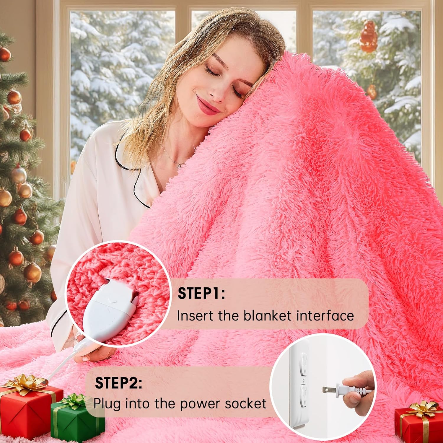 Heated Electric Blanket Heating Throw,Warm Winter Christmas Birthday Gifts for Her Women Grandma Seniors-Faux Fur Blanket with Soft Sherpa,10 Heat Settings,5 Time Settings,50x60, Baby Pink