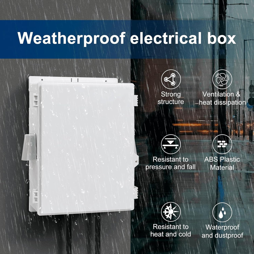 Outdoor Electrical Box with Thermostat and Fan, ABS Water Resistant Enclosure with Internal Mounting Panel & Hinged Cover, 18.1" H* 12.6" L* 6.3" W, Plug & Play.