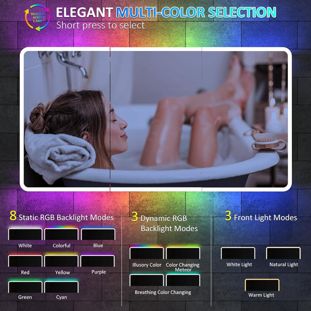 60×32 Inch Lighted Medicine Cabinet with Mirror, RGB Backlit LED Medicine Cabinet with 3-Color Front Lights, Bathroom Mirrored Cabinet with Electrical Outlet, Defogger, Three Door